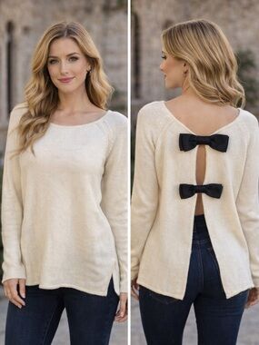 Cream Bow Back Knit Sweater Split Open Back Feminine Chic Top M/L